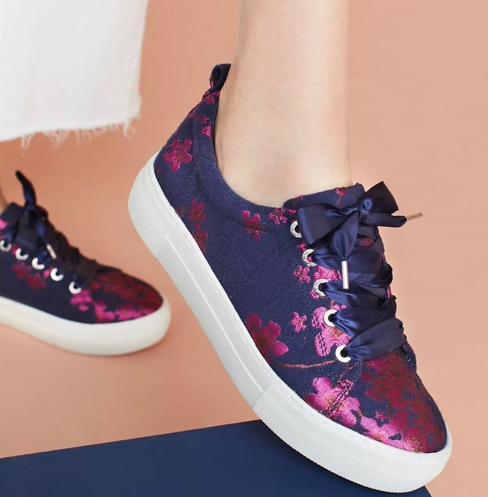 J/Slides JSlides Floral Brocade Sneakers Navy & Fuschia Pink Lace Up Size 10
